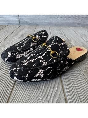 Gucci Princetown Horsebit Mule Black White Muslin Slip On Loafer 37 Women’s 7
